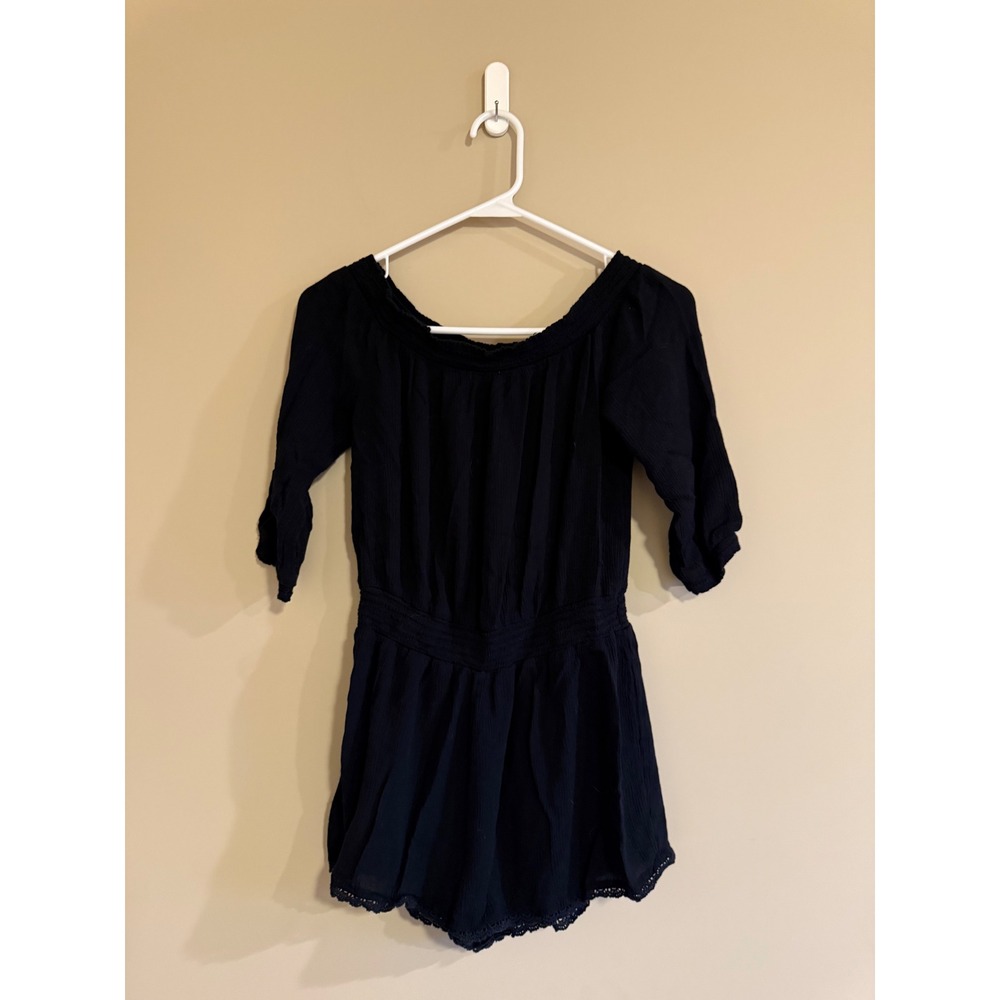 Aerie Womens Black Off The Shoulder Gauze Romper Smocked Waist Lace Trim Small